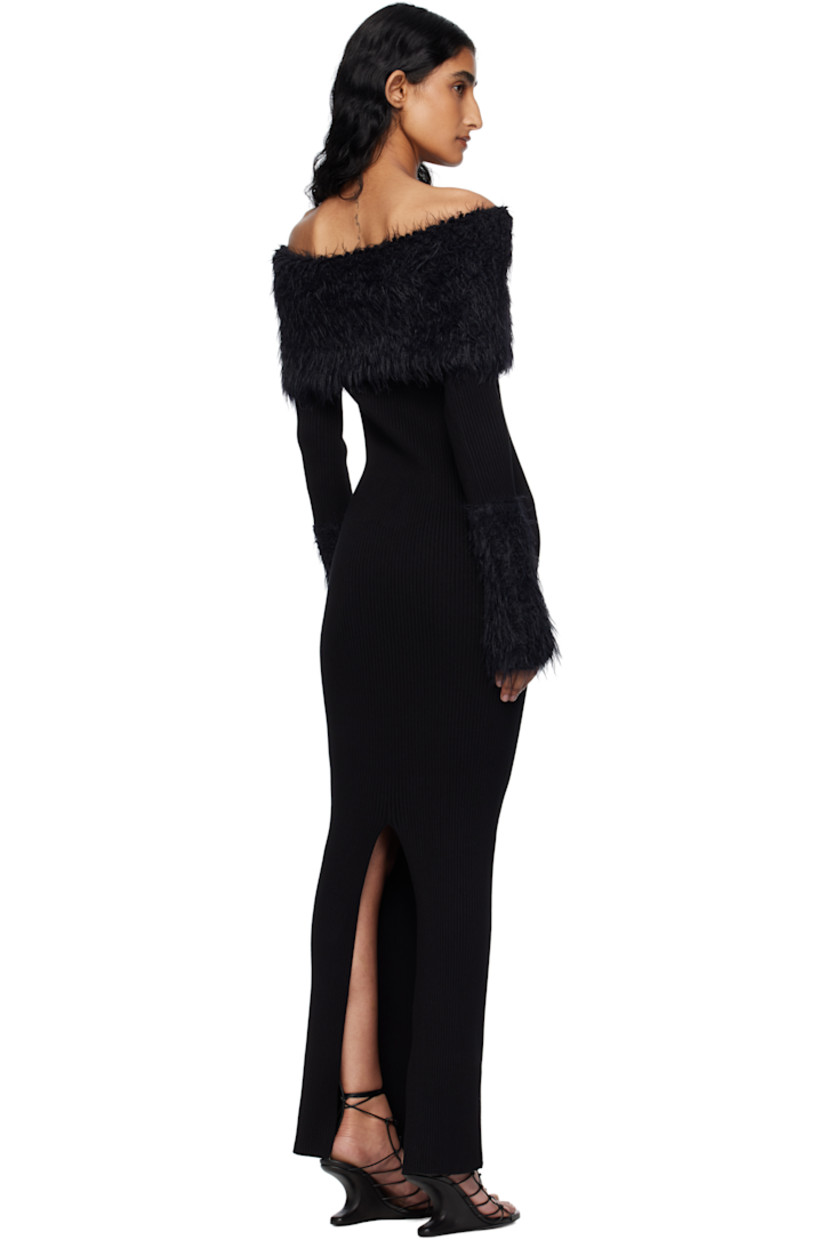 Rib-knit viscose-blend maxi dress.

· Off-the-shoulder construction
· Shag knit wool-blend trim at straight neck and cuffs
· Logo plaque at sleeve
· Locker loop at back collar
· Central vent at back hem

Supplier color: Black