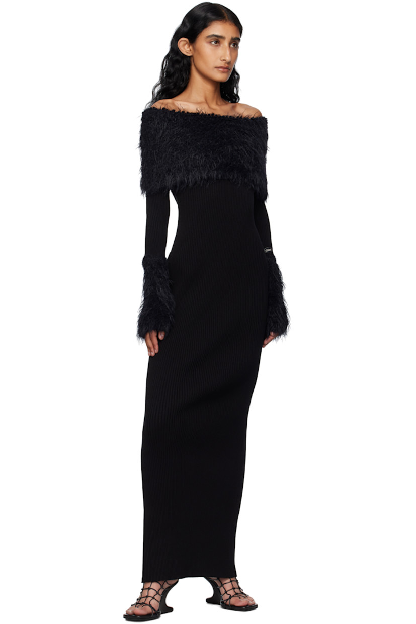 Rib-knit viscose-blend maxi dress.

· Off-the-shoulder construction
· Shag knit wool-blend trim at straight neck and cuffs
· Logo plaque at sleeve
· Locker loop at back collar
· Central vent at back hem

Supplier color: Black