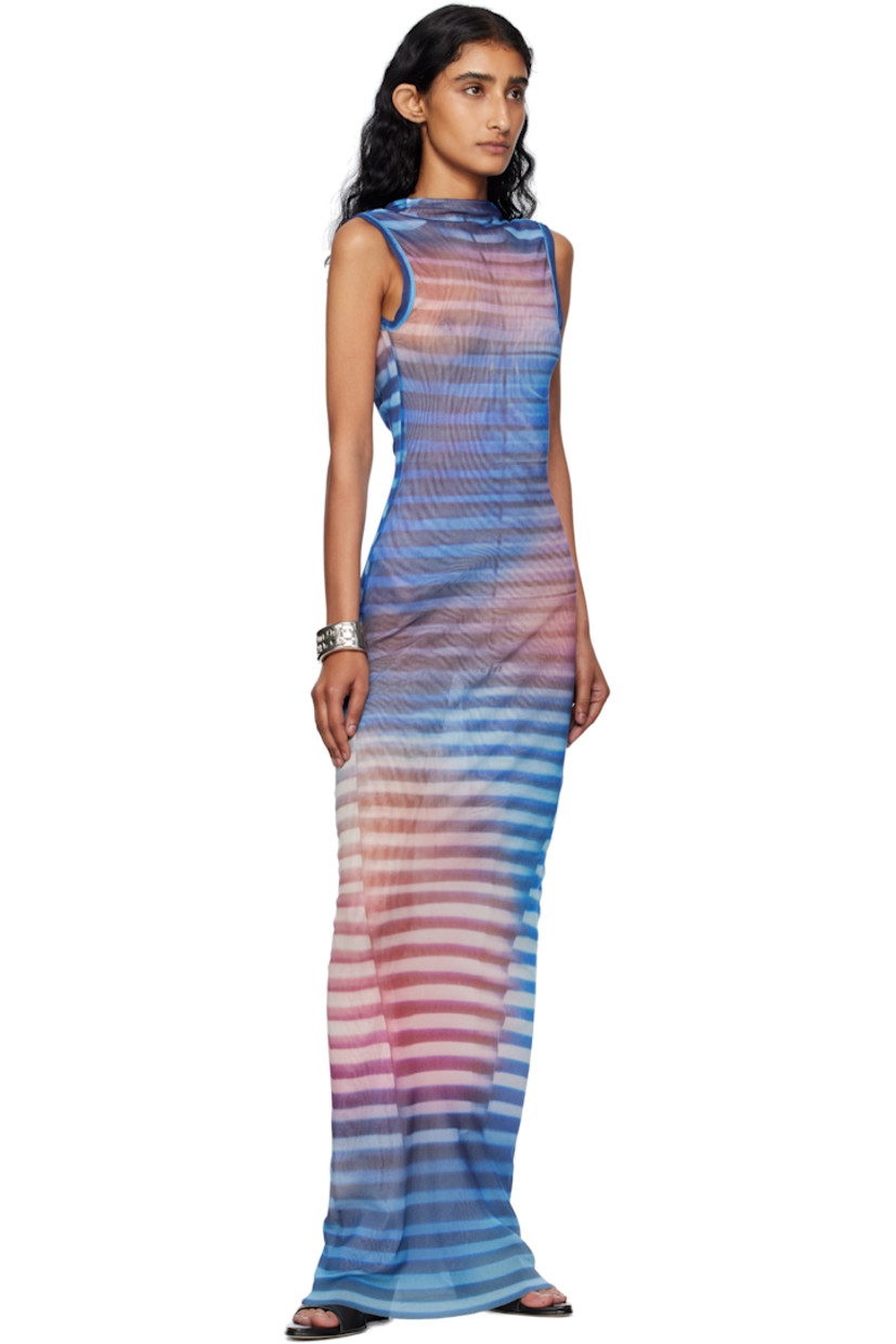 Sheer nylon tulle maxi dress.

· Stripes printed throughout
· Mock neck
· Raw edge at hem
· Locker loop at low back
· Fully lined

Supplier color: Light blue/Blue