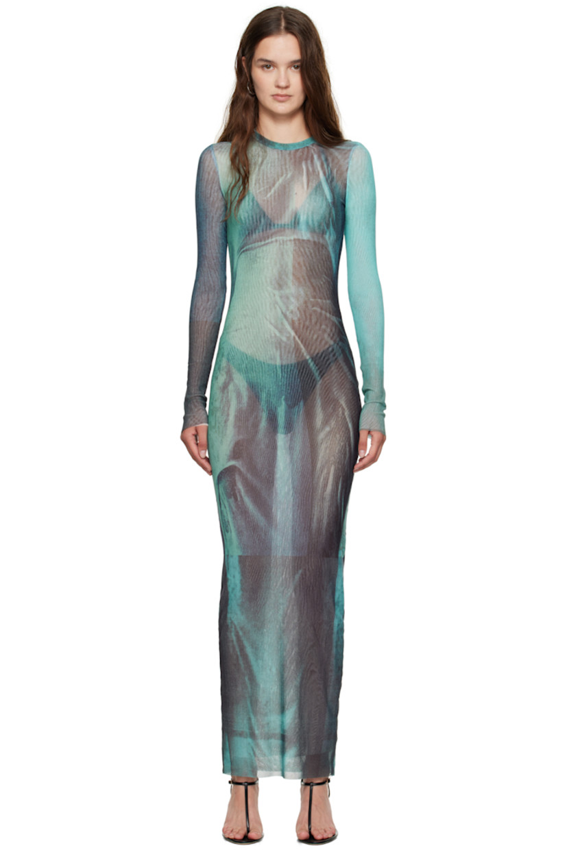 Sheer nylon tulle maxi dress.

· Graphic pattern printed throughout
· Crewneck
· Raw edge at hem and cuffs
· Locker loop at back collar

Supplier color: Indigo