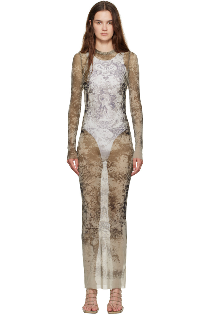 Sheer nylon tulle maxi dress.

· Graphic pattern printed throughout
· Crewneck
· Logo printed at chest and back
· Raw edge at hem and cuffs
· Locker loop at back collar

Supplier color: Beige