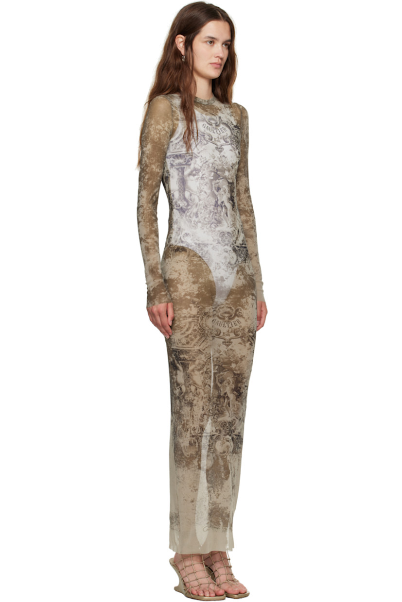 Sheer nylon tulle maxi dress.

· Graphic pattern printed throughout
· Crewneck
· Logo printed at chest and back
· Raw edge at hem and cuffs
· Locker loop at back collar

Supplier color: Beige