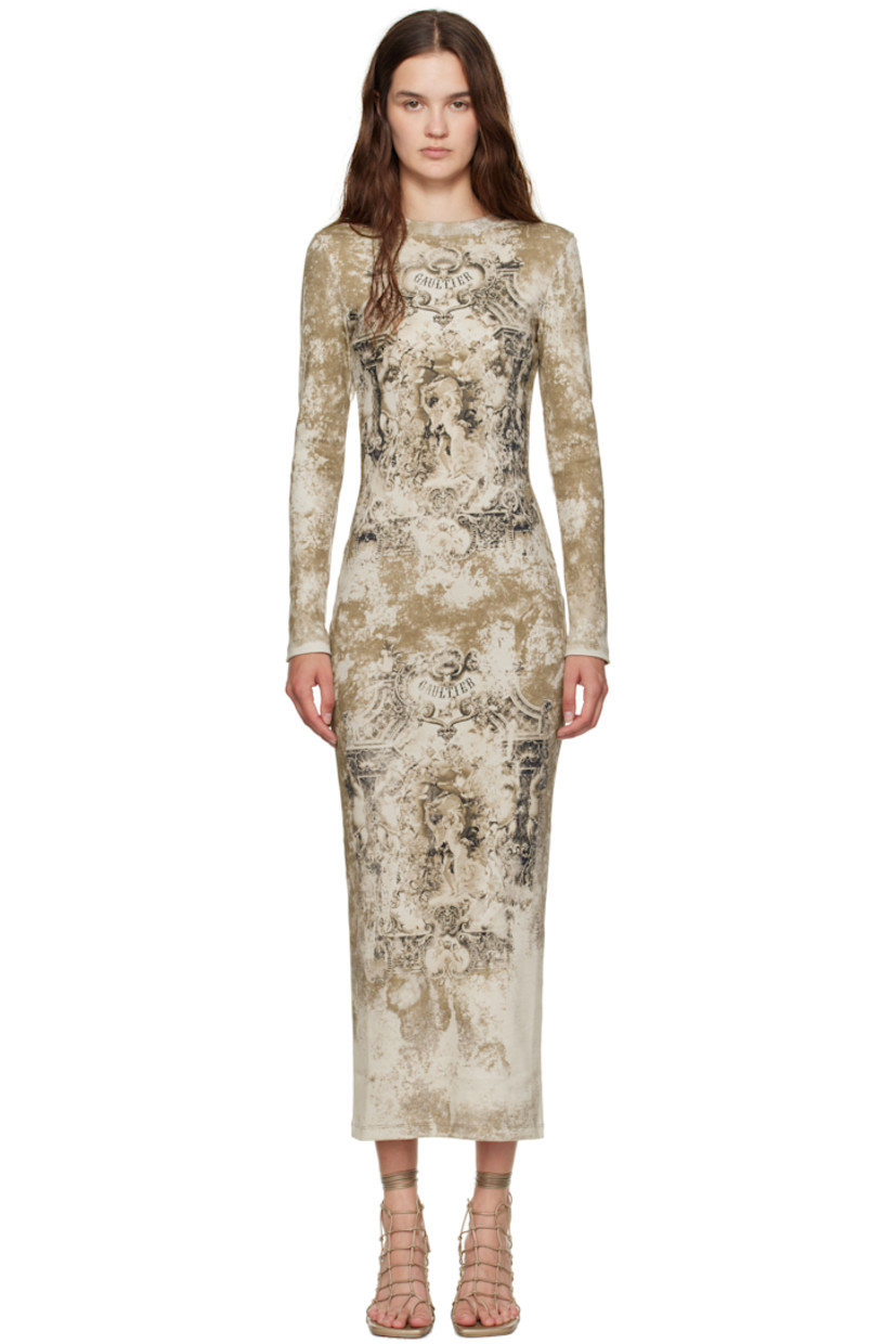 Rib-knit stretch cotton maxi dress.

· Graphic pattern printed throughout
· Crewneck
· Logo printed at chest and back
· Locker loop at back collar

Supplier color: Beige