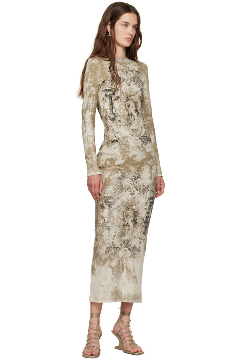Rib-knit stretch cotton maxi dress.

· Graphic pattern printed throughout
· Crewneck
· Logo printed at chest and back
· Locker loop at back collar

Supplier color: Beige