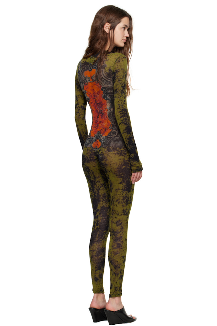 Sheer nylon tulle jumpsuit.

· Graphic pattern printed throughout
· Crewneck
· Logo printed at chest and back
· Zip closure and locker loop at back
· Fully lined

Supplier color: Orange