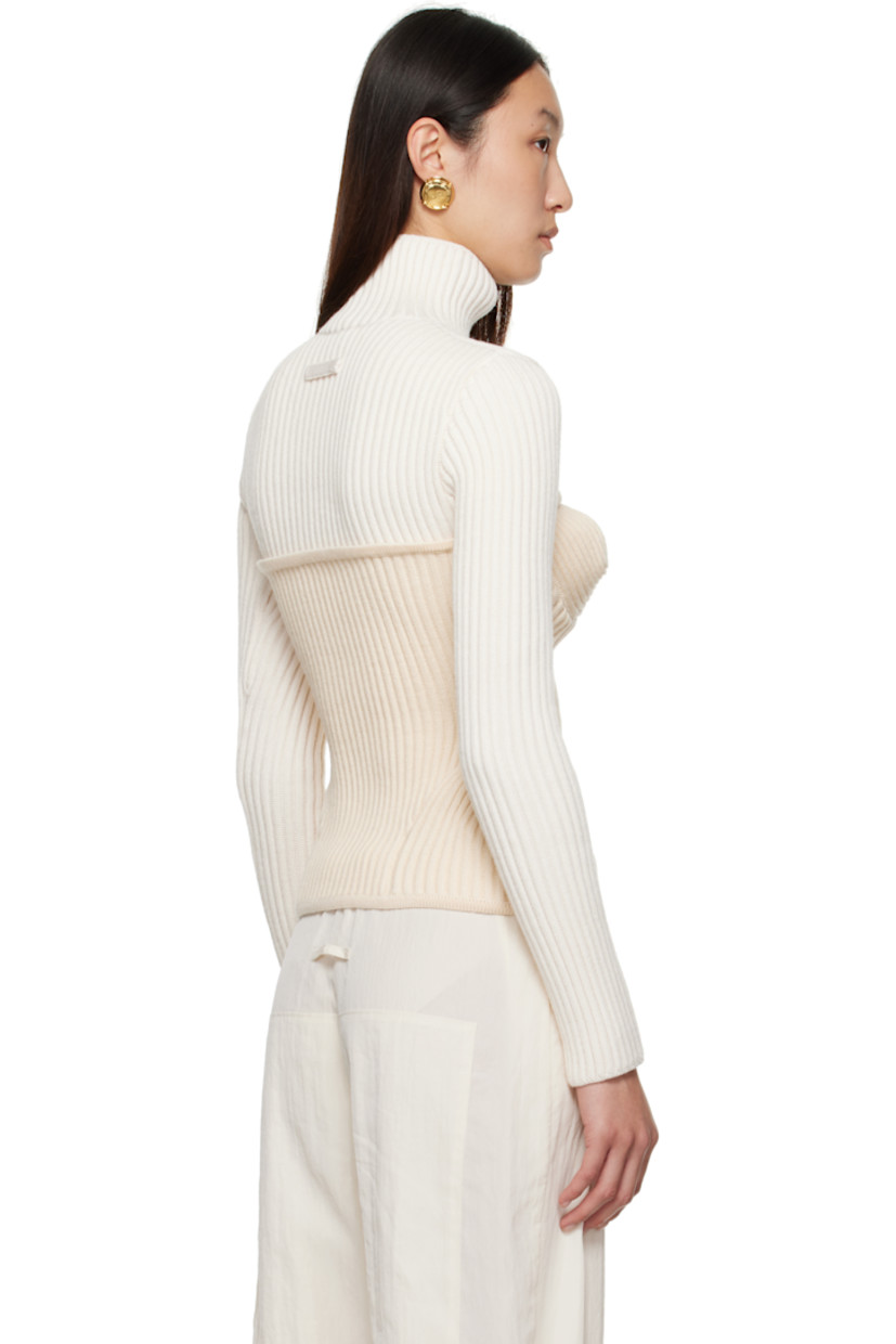 Rib-knit virgin wool-blend turtleneck.

· Structured cups and hips at corset-style overlay
· Locker loop at back 

Supplier color: White/Ecru