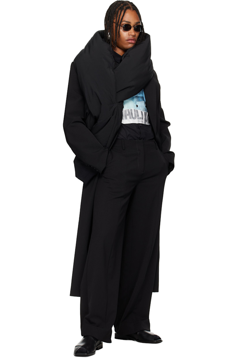 Stretch nylon twill trousers.

· Straight-leg
· Belt loops
· Four-pocket styling
· Zip fly
· Modified stirrups at hem with press-stud fastening
· Hem connects under high-heeled footwear
· Locker loop at back

Supplier color: Black