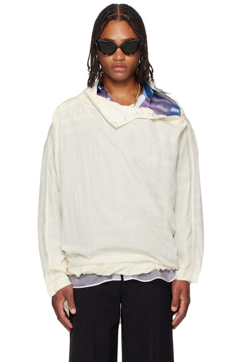Crinkled lyocell-blend sateen hoodie.

· Funnel neck
· Elasticized droptail hem
· Vent at side seams
· Press-studs at shoulders for alternate styling
· Dropped shoulders
· Button fastening at cuffs
· Locker loop at back

Supplier color: Ecru