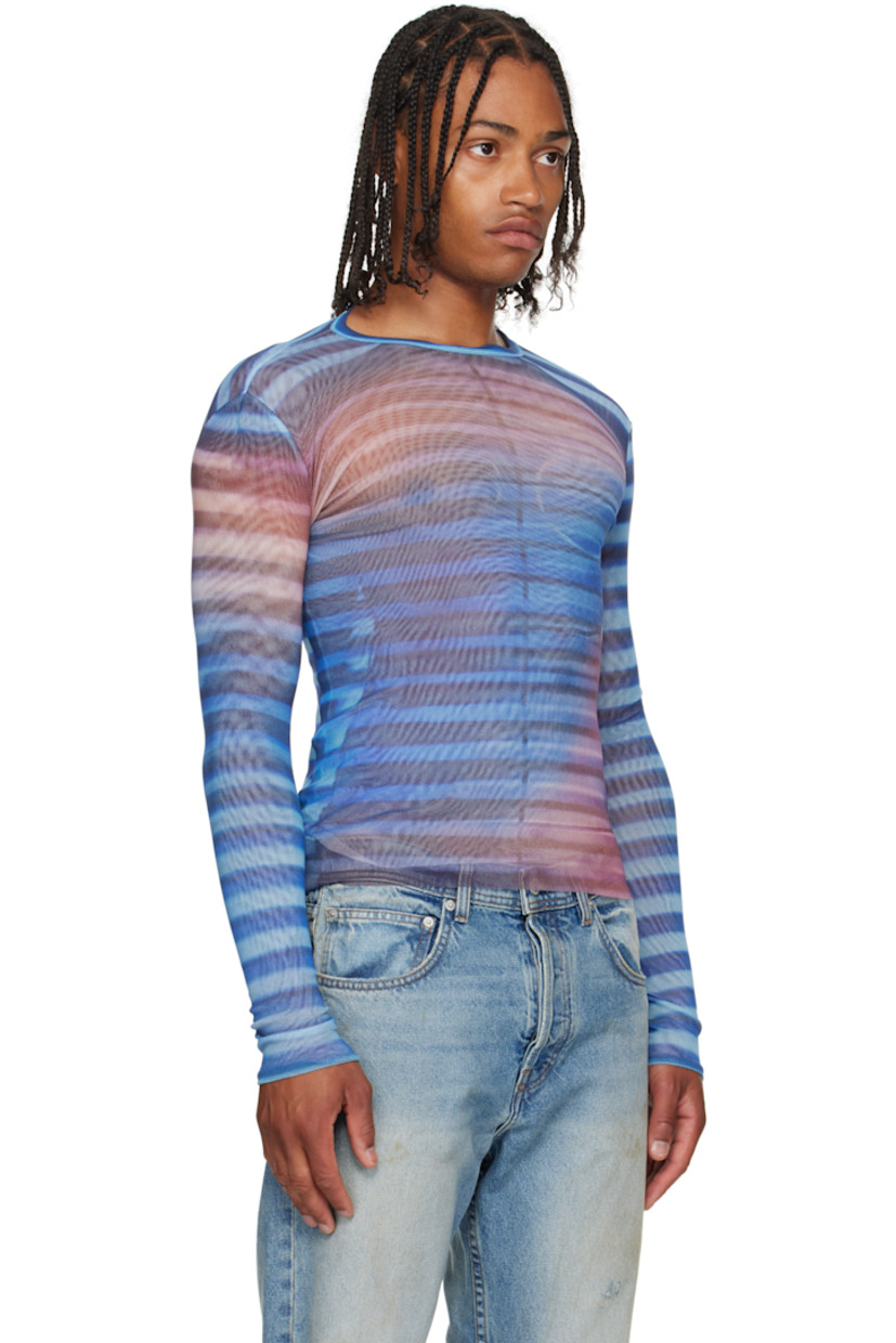 Nylon mesh top.

· Stripes and trompe l'oeil graphic printed throughout
· Crewneck
· Raw edge at hem
· Locker loop at back collar
· Fully lined

Supplier color: Light blue/Blue/Peach
