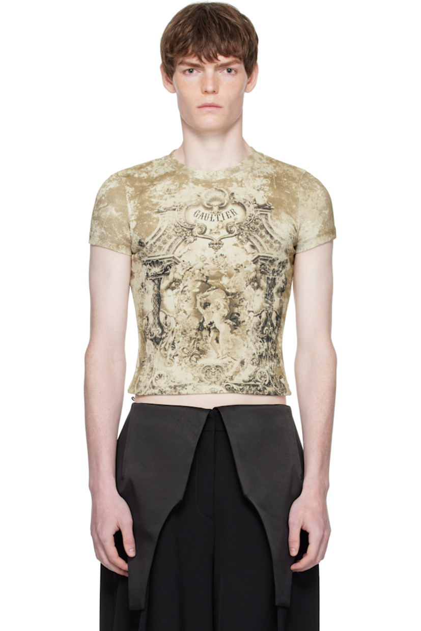 Rib-knit stretch cotton T-shirt.

· Graphic pattern printed throughout
· Crewneck
· Logo printed at chest and back
· Locker loop at back collar

Supplier color: Beige