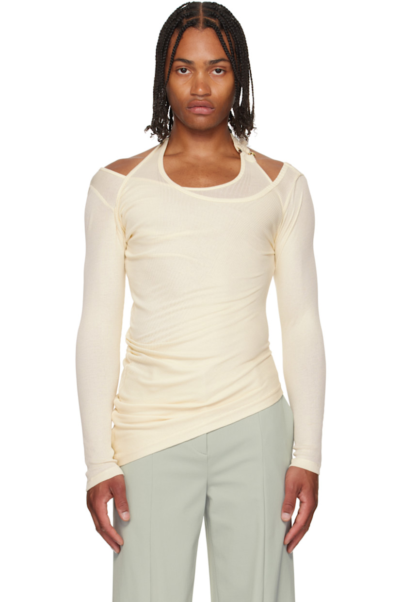 Ribbed cotton jersey top.

· Layered construction
· Modified neck
· Logo hardware and extended trim at neck
· Asymmetrical hem
· Locker loop at halter strap

Supplier color: Ecru