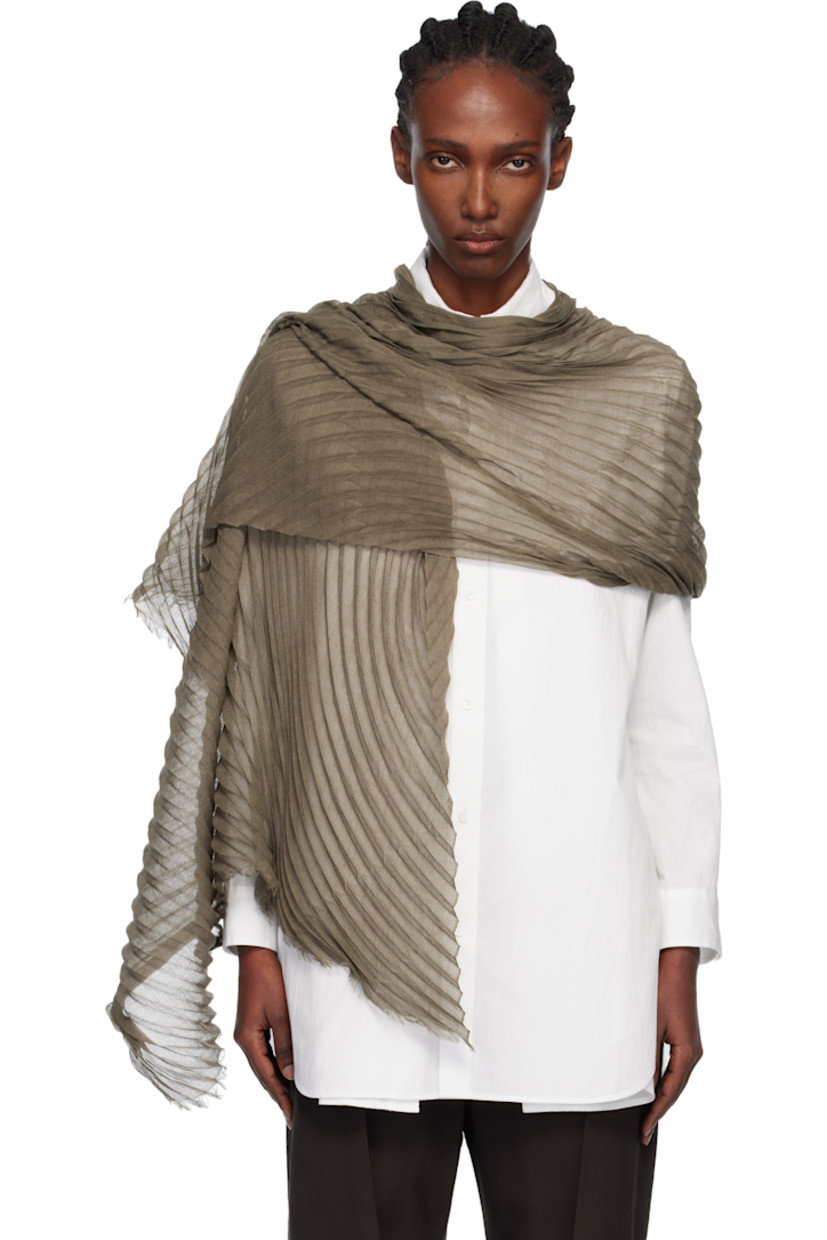 Rectangular garment-pleated silk- and wool-blend voile scarf.

· Fringed detailing at ends
· L86" x W41"

Supplier color: Khaki
