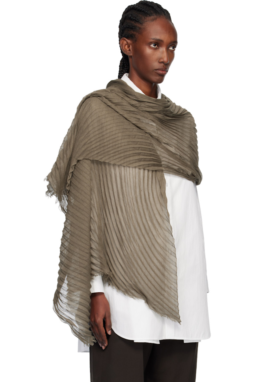 Rectangular garment-pleated silk- and wool-blend voile scarf.

· Fringed detailing at ends
· L86" x W41"

Supplier color: Khaki
