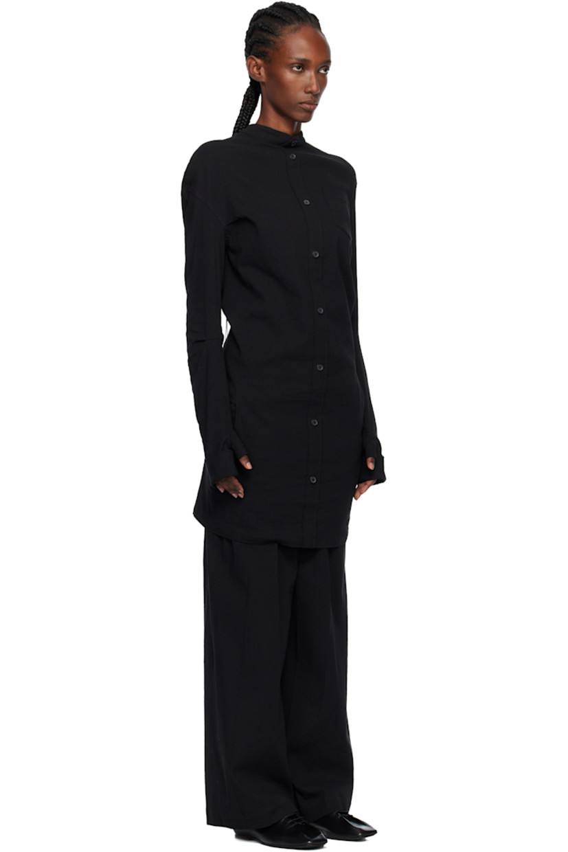 Stretch paper- and cotton-blend canvas minidress.

· Band collar
· Button closure
· Pleat and patch pocket at chest
· Draping at waist
· Seam pockets
· Thumbhole at foldover cuffs
· Zip closure at back

Supplier color: Black