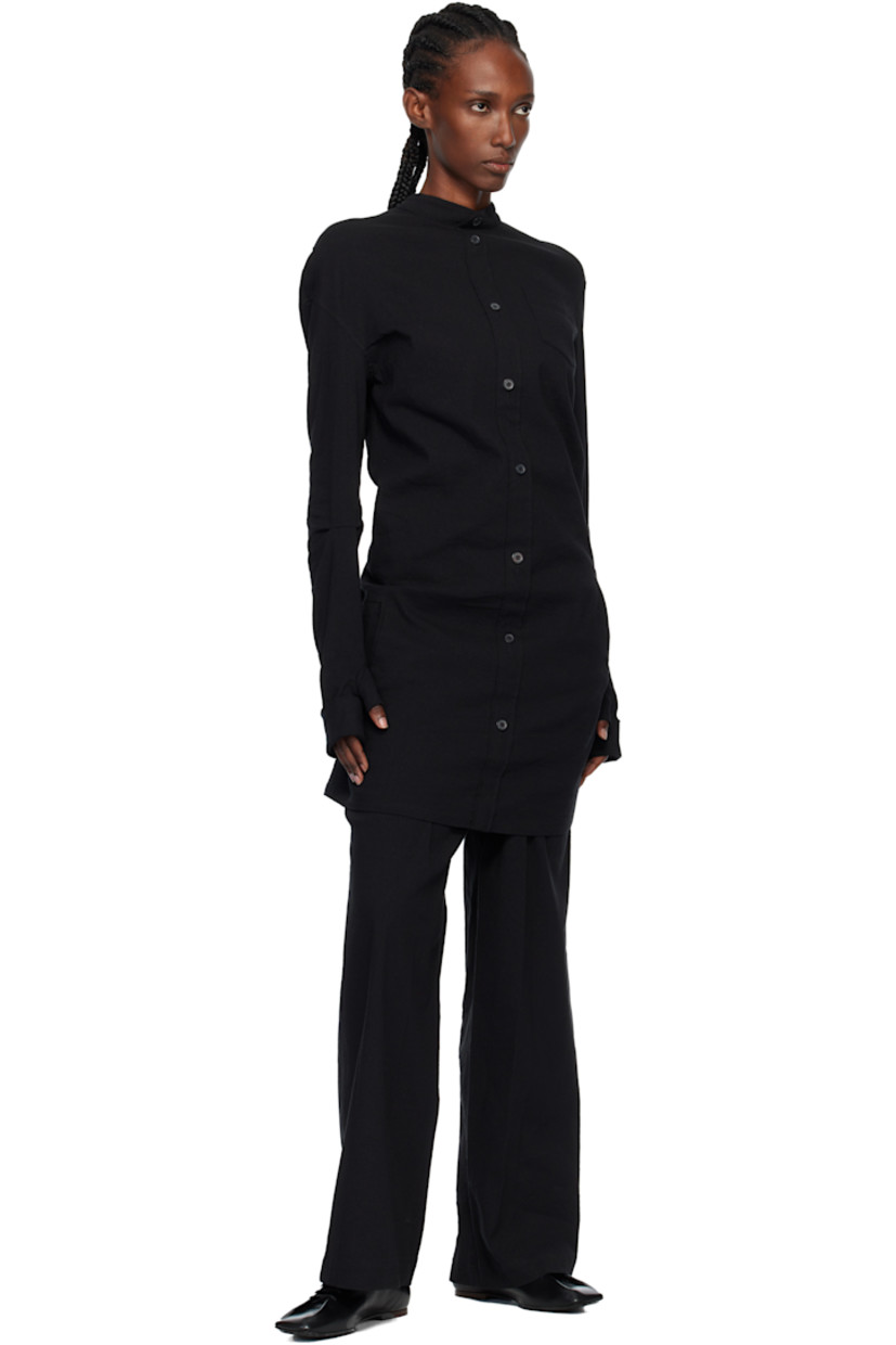 Stretch paper- and cotton-blend canvas minidress.

· Band collar
· Button closure
· Pleat and patch pocket at chest
· Draping at waist
· Seam pockets
· Thumbhole at foldover cuffs
· Zip closure at back

Supplier color: Black