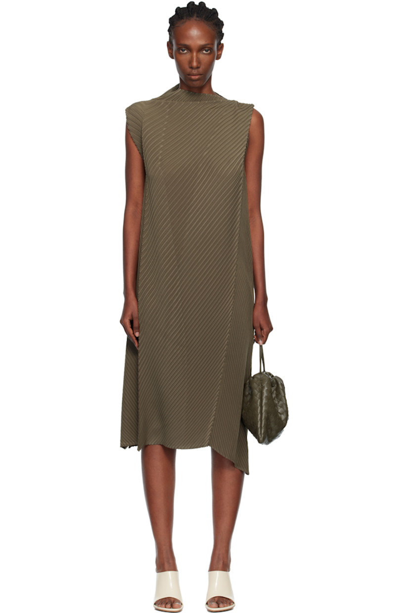 Garment-pleated recycled crêpe de chine midi dress. Asymmetrical boatneck.

Supplier color: Khaki