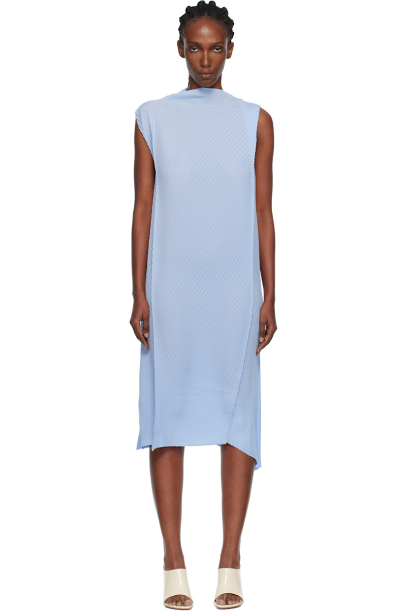 Garment-pleated recycled crêpe de chine midi dress. Asymmetrical boatneck.

Supplier color: Light blue