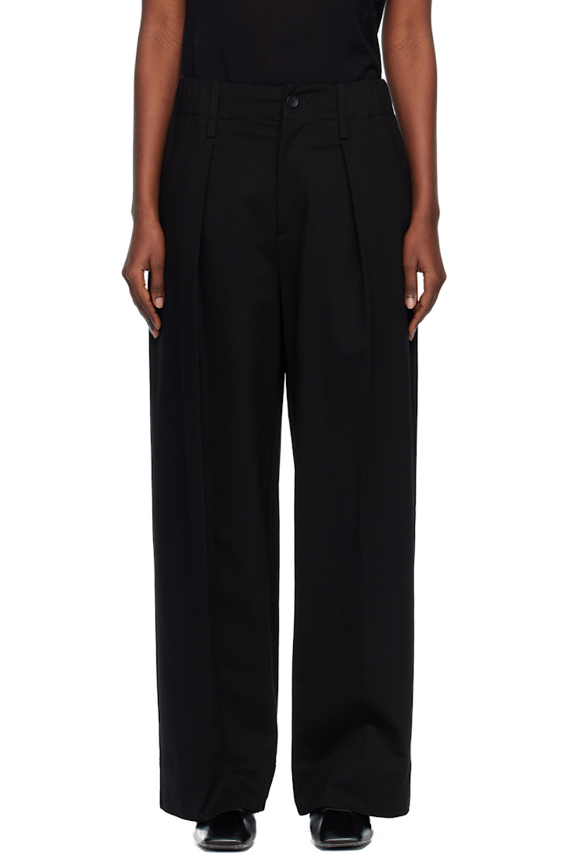 Stretch cotton jersey trousers.

· Wide-leg
· Belt loops at partially elasticized waistband
· Four-pocket styling
· Zip fly
· Pleats at front

Supplier color: Black