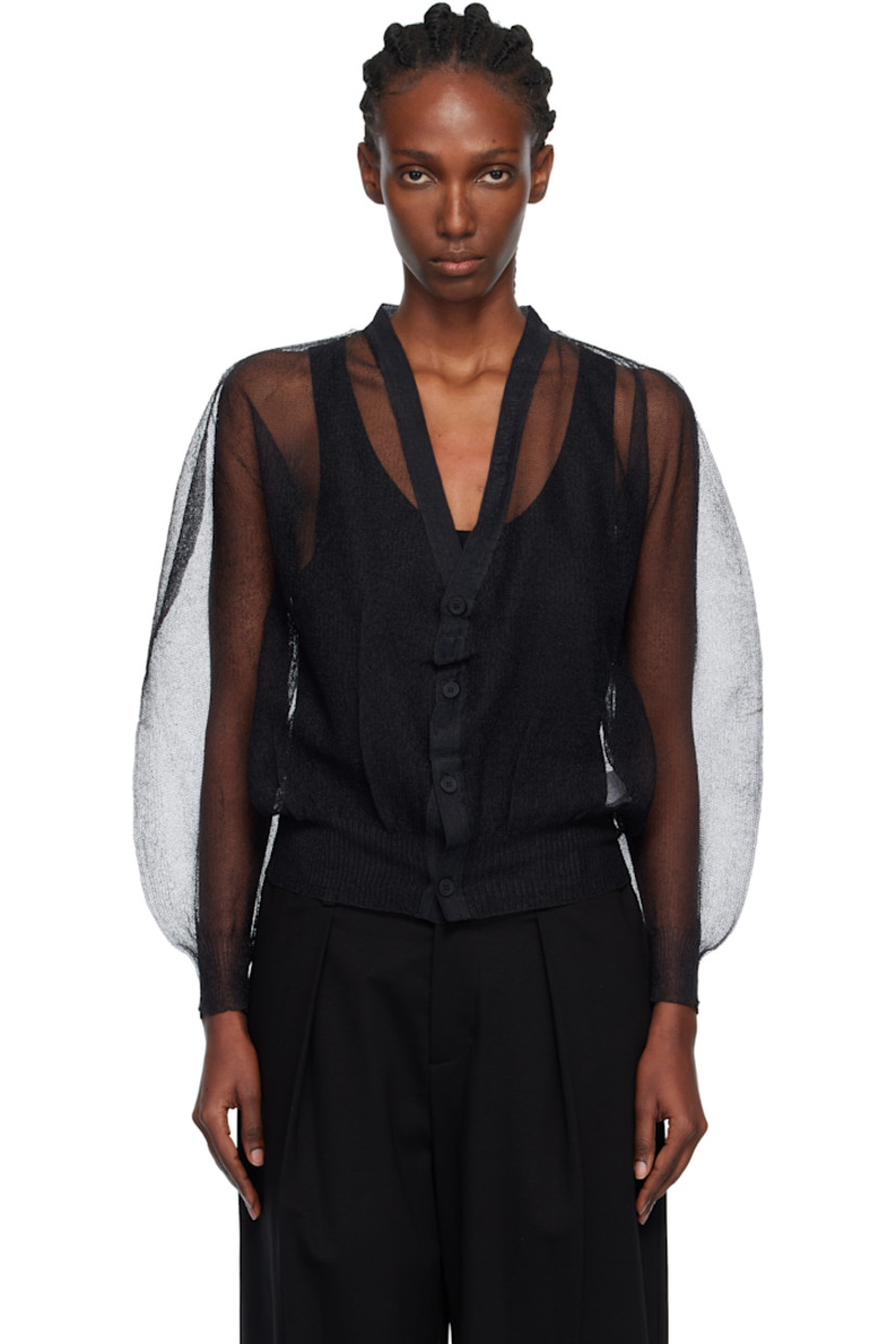 Sheer knit nylon cardigan.

· Rib-knit Y-neck, hem, and cuffs
· Balloon sleeves

Supplier color: Black