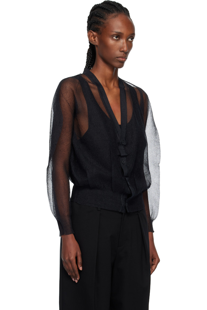 Sheer knit nylon cardigan.

· Rib-knit Y-neck, hem, and cuffs
· Balloon sleeves

Supplier color: Black