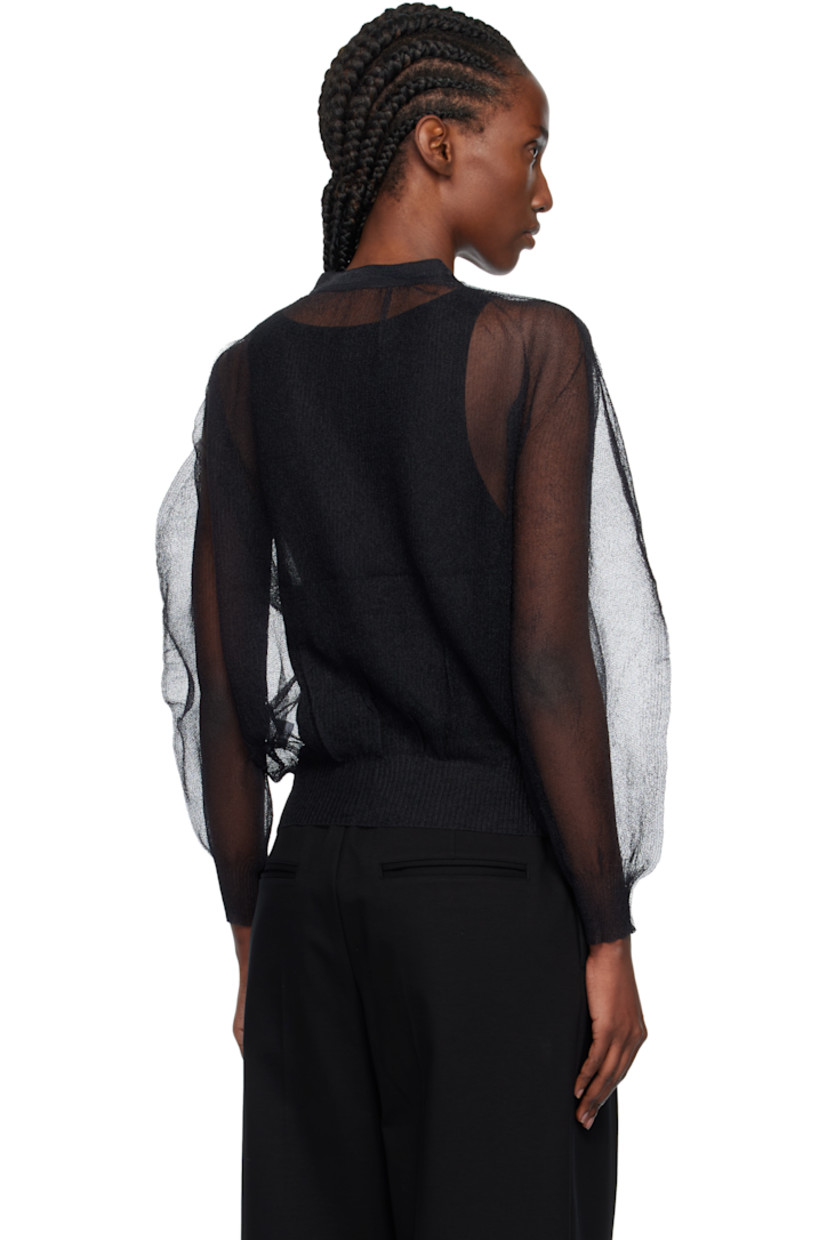 Sheer knit nylon cardigan.

· Rib-knit Y-neck, hem, and cuffs
· Balloon sleeves

Supplier color: Black