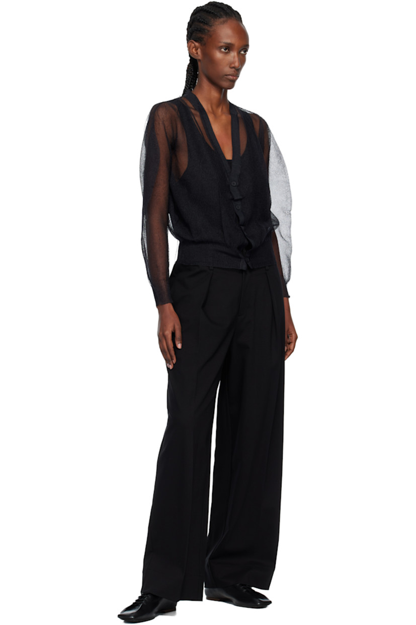 Sheer knit nylon cardigan.

· Rib-knit Y-neck, hem, and cuffs
· Balloon sleeves

Supplier color: Black