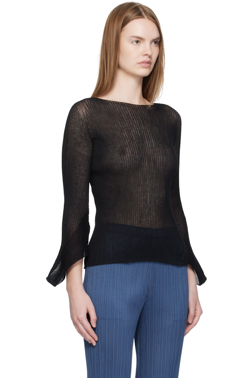 Semi-sheer rib-knit sweater.

· Boatneck
· Modified bell sleeves

Supplier color: Black