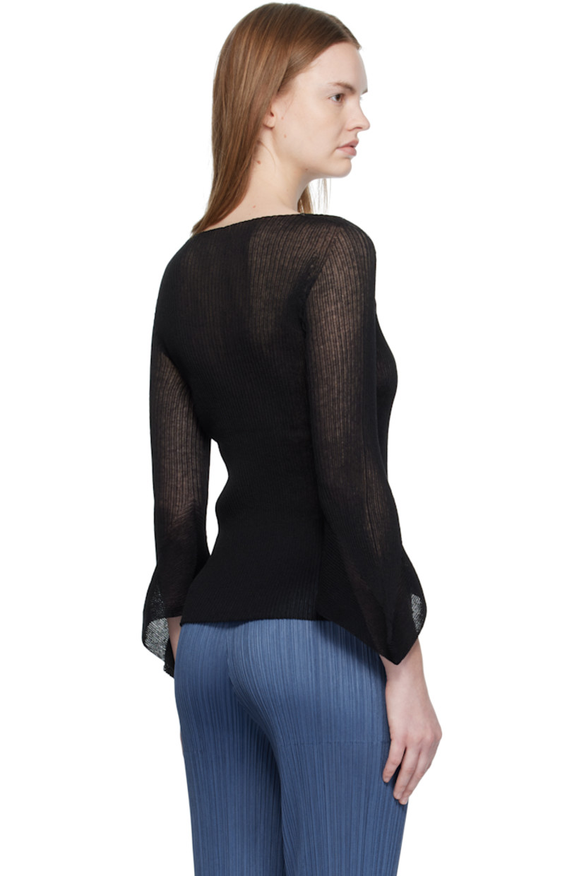 Semi-sheer rib-knit sweater.

· Boatneck
· Modified bell sleeves

Supplier color: Black