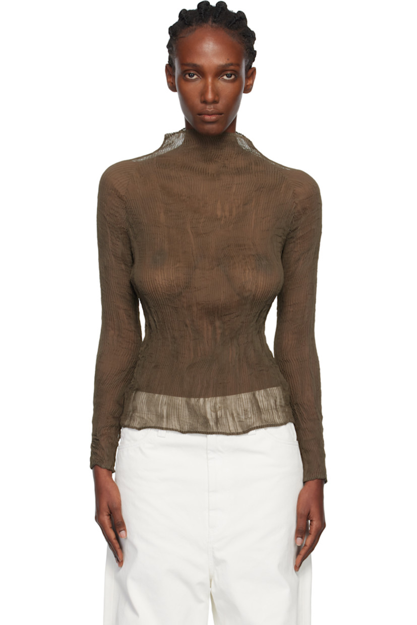 Sheer garment-pleated recycled chiffon top. 

· Turtleneck
· Raglan sleeves

Supplier color: Dark brown