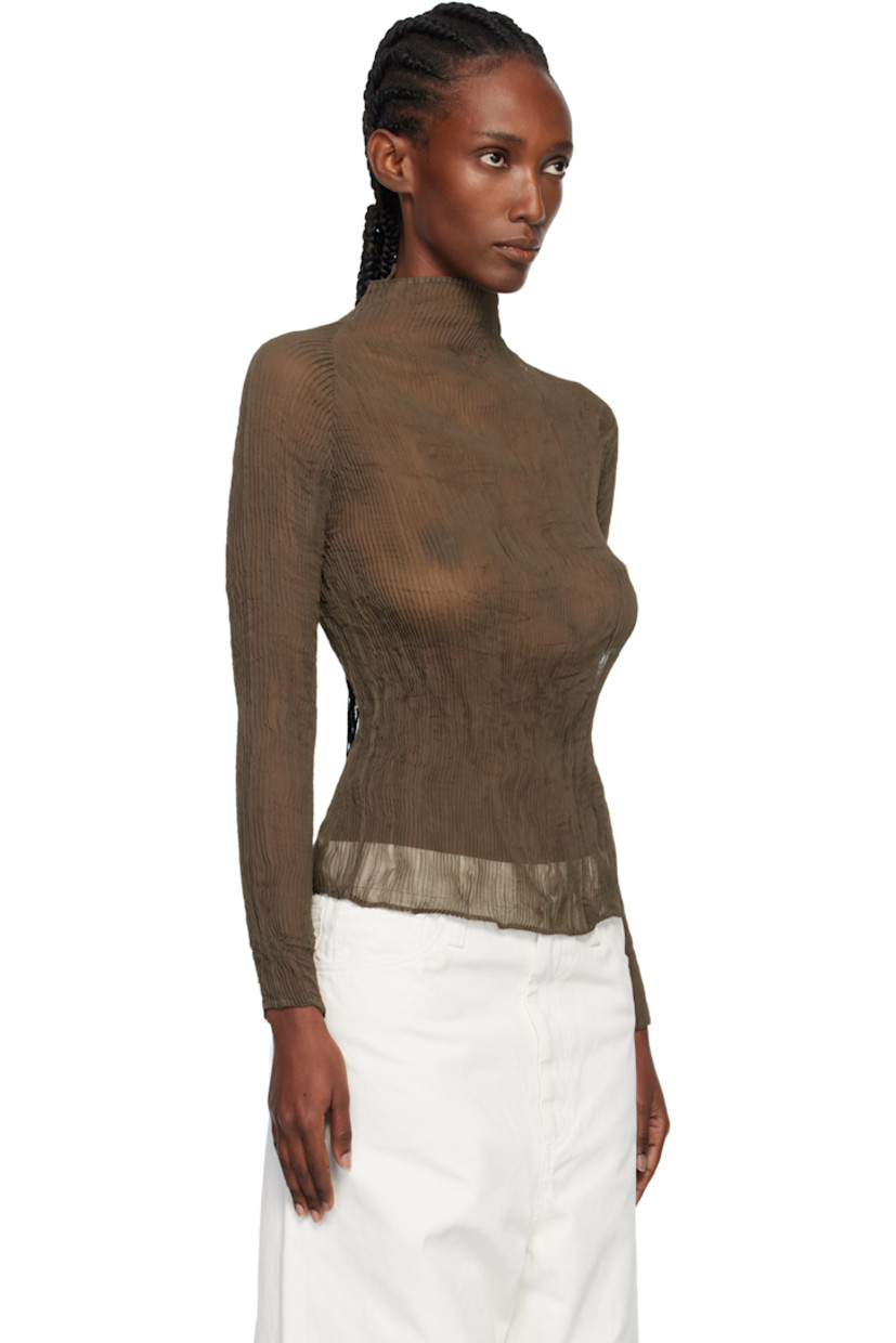 Sheer garment-pleated recycled chiffon top. 

· Turtleneck
· Raglan sleeves

Supplier color: Dark brown