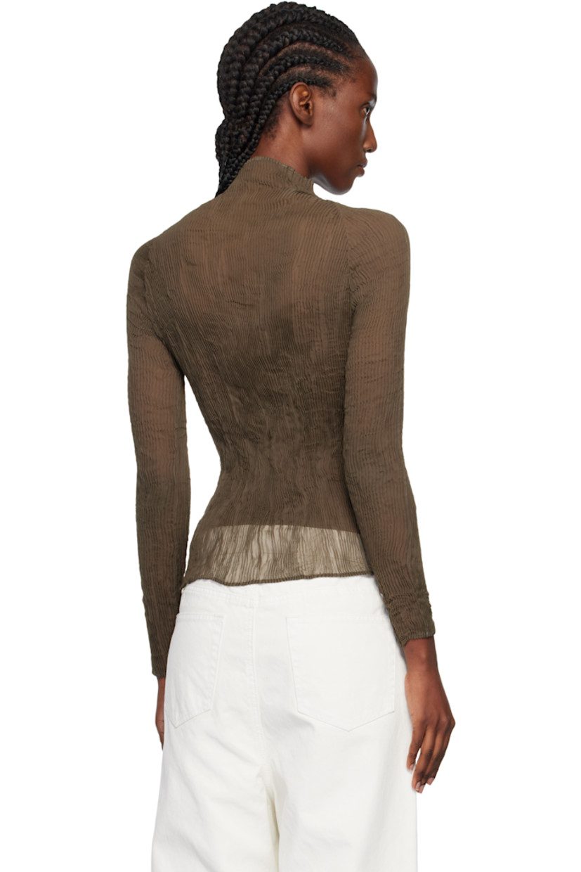 Sheer garment-pleated recycled chiffon top. 

· Turtleneck
· Raglan sleeves

Supplier color: Dark brown