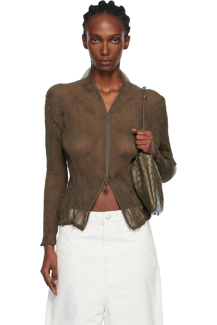 Sheer garment-pleated recycled chiffon cardigan. 

· Stand collar
· Two-way zip closure

Supplier color: Dark brown