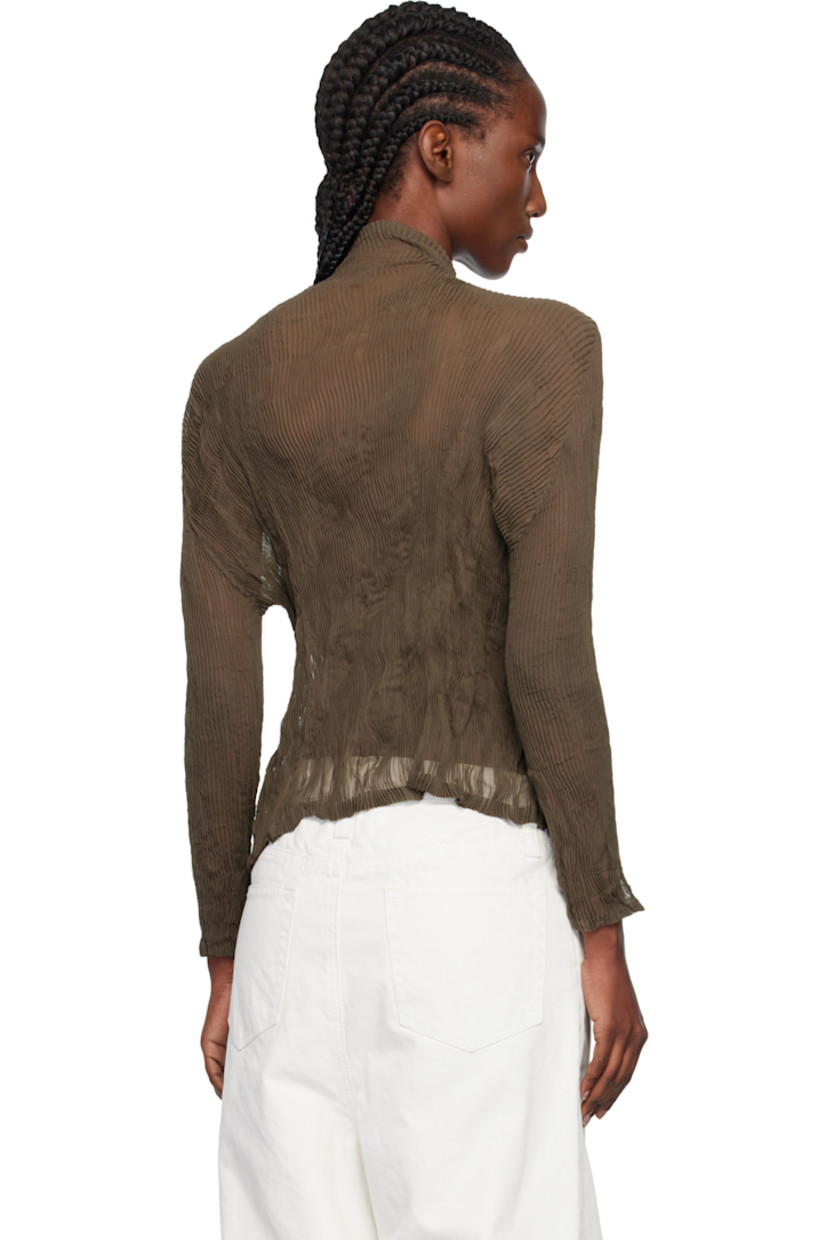 Sheer garment-pleated recycled chiffon cardigan. 

· Stand collar
· Two-way zip closure

Supplier color: Dark brown