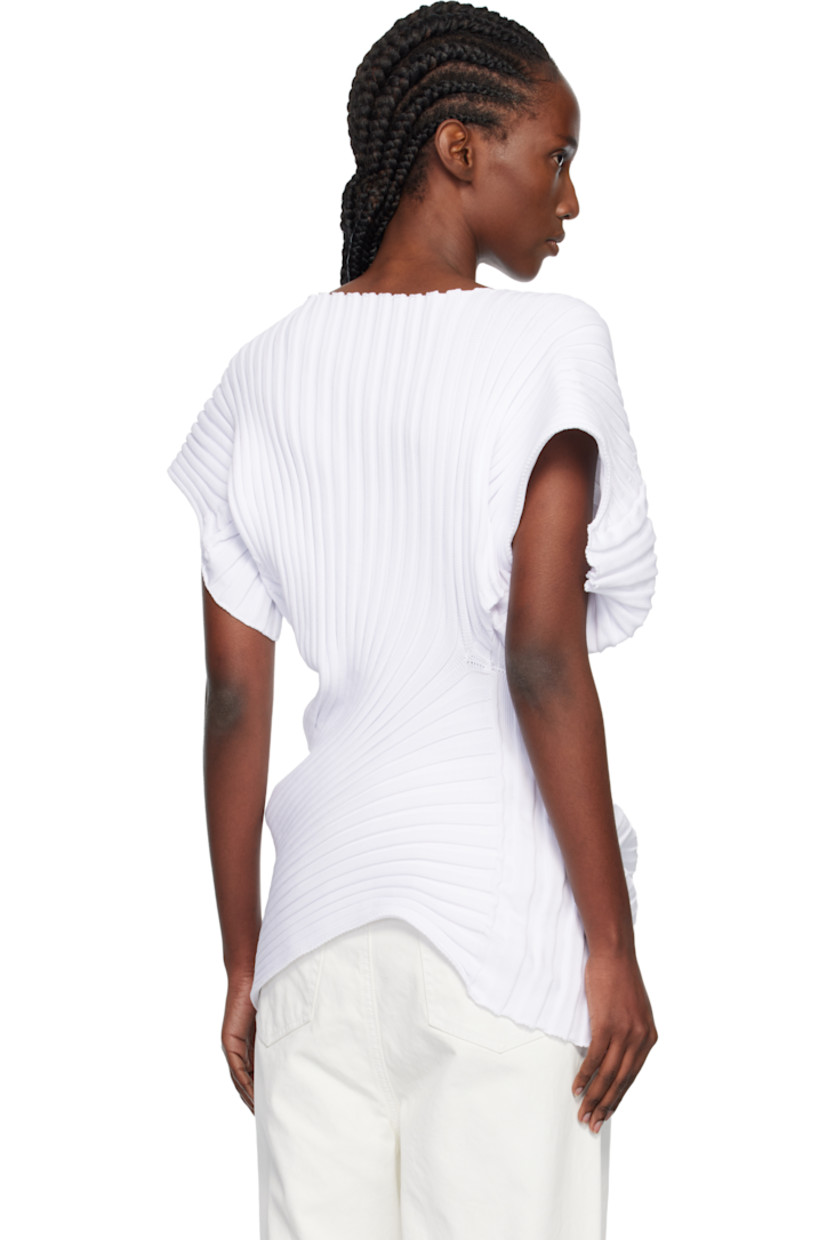 Rib-knit top.

· Boatneck
· Sculptural asymmetric hem
· Draping at side seam
· Cap sleeves

Supplier color: White