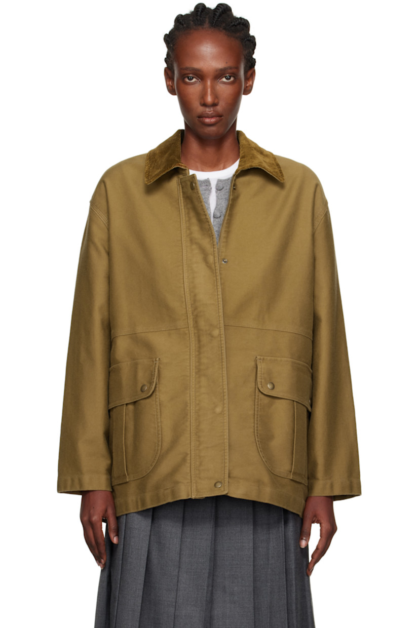 ROKAL cotton moleskin jacket.

· Corduroy spread collar
· Concealed zip closure with press-stud placket
· Flap pockets at waist
· Adjustable press-stud cuffs
· Full twill lining
· Antiqued gold-tone hardware

Supplier color: Khaki