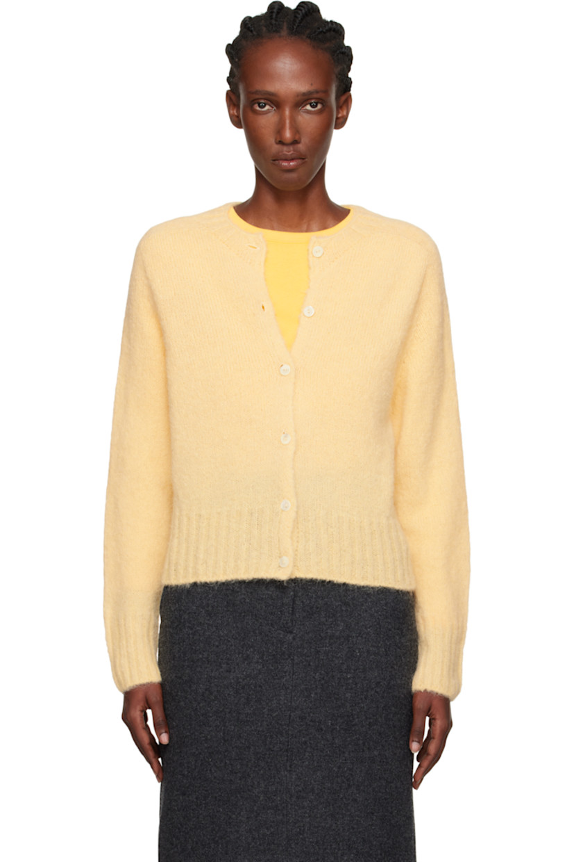 Brushed knit stretch alpaca-blend cardigan.

· Rib-knit round neck, hem, and cuffs
· Button closure

Supplier color: Egg