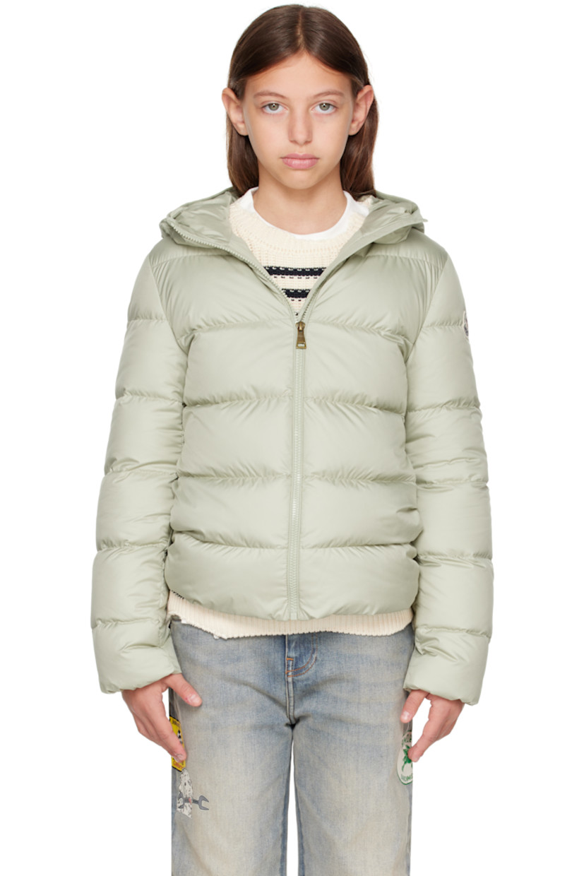 Down-filled and quilted recycled polyester satin jacket.

· DIST-certified down
· Logo-bonded elasticized trim at hood
· Stand collar
· Zip closure
· Seam pockets 
· Felted logo patch at sleeve
· Elasticized cuffs
· Fully lined

Supplier color: Light green

Model measures 55" / 139.7 cm tall and wears size 12Y.

Moncler Enfant Size: child's height
8Y: 51.2" / 130 cm 
10Y: 55.2" / 140 cm 
12Y: 59.8" / 152 cm 
14Y: 64.6" / 164 cm