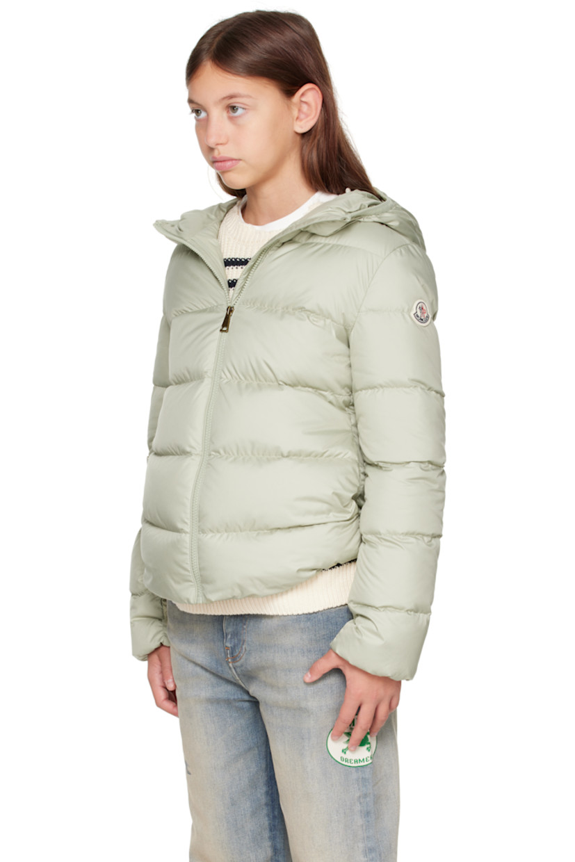 Down-filled and quilted recycled polyester satin jacket.

· DIST-certified down
· Logo-bonded elasticized trim at hood
· Stand collar
· Zip closure
· Seam pockets 
· Felted logo patch at sleeve
· Elasticized cuffs
· Fully lined

Supplier color: Light green

Model measures 55" / 139.7 cm tall and wears size 12Y.

Moncler Enfant Size: child's height
8Y: 51.2" / 130 cm 
10Y: 55.2" / 140 cm 
12Y: 59.8" / 152 cm 
14Y: 64.6" / 164 cm