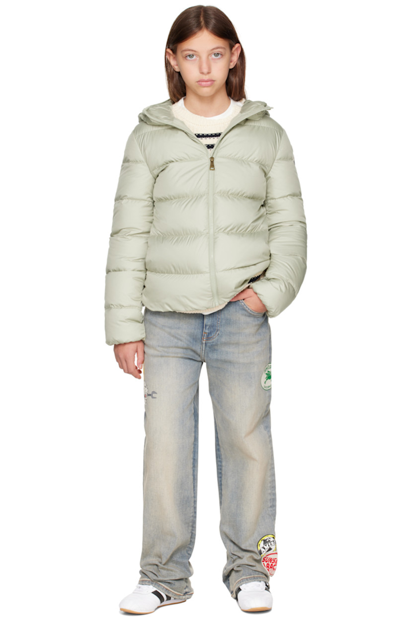Down-filled and quilted recycled polyester satin jacket.

· DIST-certified down
· Logo-bonded elasticized trim at hood
· Stand collar
· Zip closure
· Seam pockets 
· Felted logo patch at sleeve
· Elasticized cuffs
· Fully lined

Supplier color: Light green

Model measures 55" / 139.7 cm tall and wears size 12Y.

Moncler Enfant Size: child's height
8Y: 51.2" / 130 cm 
10Y: 55.2" / 140 cm 
12Y: 59.8" / 152 cm 
14Y: 64.6" / 164 cm