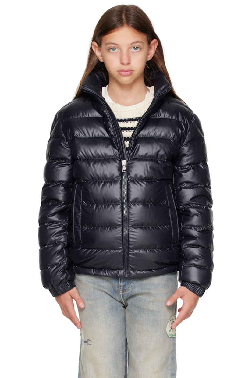 Down-filled and quilted recycled polyester satin jacket. 

· DIST-certified down
· Rib-knit stand collar
· Zip closure
· Welt pockets at front
· Partially elasticized hem
· Felted logo patch at sleeve
· Elasticized cuffs
· Fully lined

Supplier color: Blue navy

Model measures 55" / 139.7 cm tall and wears size 12Y.

Moncler Enfant Size: child's height
8Y: 51.2" / 130 cm 
10Y: 55.2" / 140 cm 
12Y: 59.8" / 152 cm 
14Y: 64.6" / 164 cm