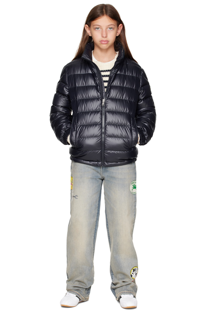 Down-filled and quilted recycled polyester satin jacket. 

· DIST-certified down
· Rib-knit stand collar
· Zip closure
· Welt pockets at front
· Partially elasticized hem
· Felted logo patch at sleeve
· Elasticized cuffs
· Fully lined

Supplier color: Blue navy

Model measures 55" / 139.7 cm tall and wears size 12Y.

Moncler Enfant Size: child's height
8Y: 51.2" / 130 cm 
10Y: 55.2" / 140 cm 
12Y: 59.8" / 152 cm 
14Y: 64.6" / 164 cm