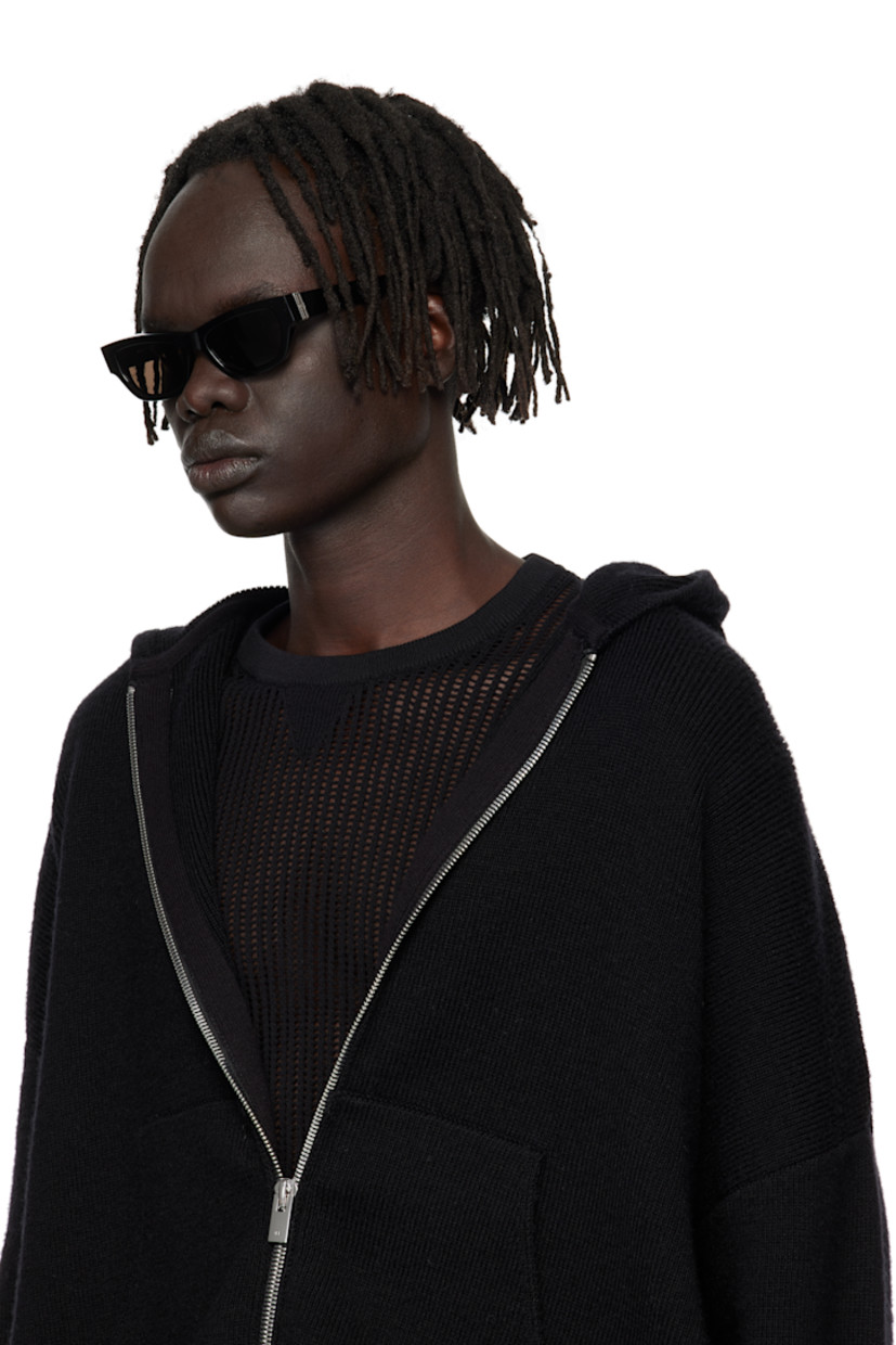 Rectangular acetate-frame sunglasses.

· Brown lenses
· Integrated nose pads
· Logo hardware at hinges
· Hinged case included
· Size: 51.17 

Supplier color: Black
