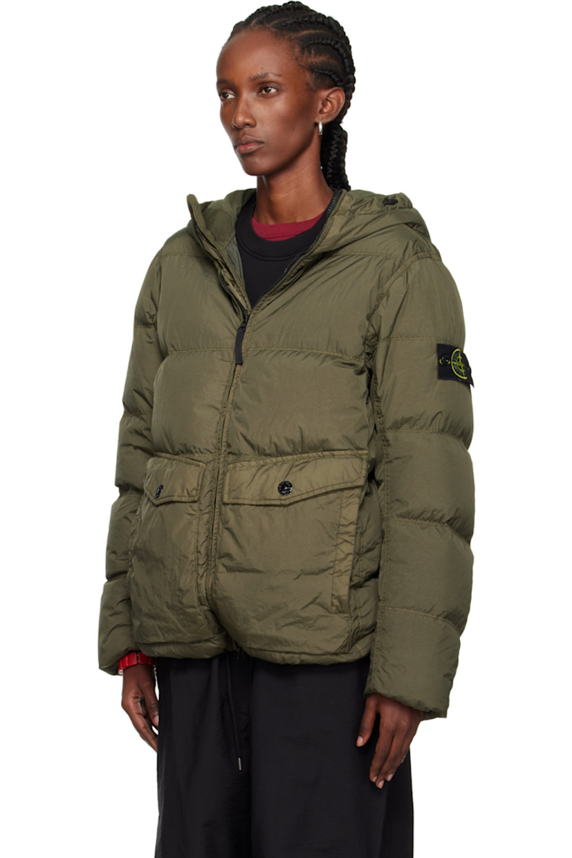 Down-filled crinkled recycled nylon taffeta jacket.

· Wind-resistant and water-resistant 
· Garment-dyed and anti-drop coated
· RDS-certified down
· Bungee-style drawstring at hood
· Two-way zip closure with press-stud placket
· Flap pockets and welt pockets
· Concealed bungee-style drawstring at hem
· Detachable felted logo patch at sleeve
· Inset elasticized cuffs
· Patch pocket at interior
· Resin-coated taffeta lining

Supplier color: Military green

Fill: 80% duck down, 20% duck feather.