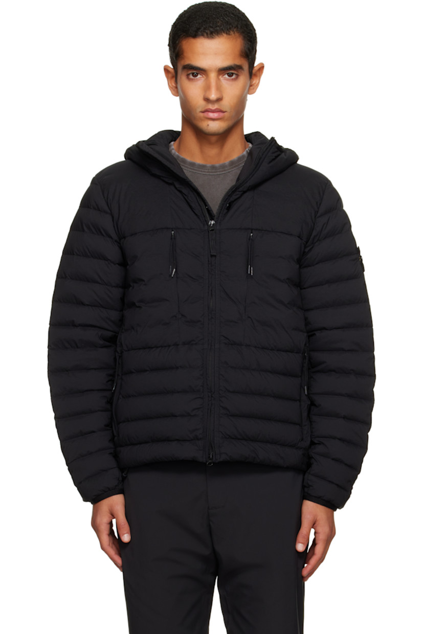 Down-filled and quilted stretch nylon taffeta jacket.

· RDS-certified down
· Garment-dyed
· Elasticized trim at hood and cuffs
· Two-way zip closure
· Zip pockets at chest and waist
· Bungee-style drawstring at hem
· Detachable felted logo patch at sleeve
· Fully lined

Supplier color: Black

Fill: 90% duck down, 10% duck feather.