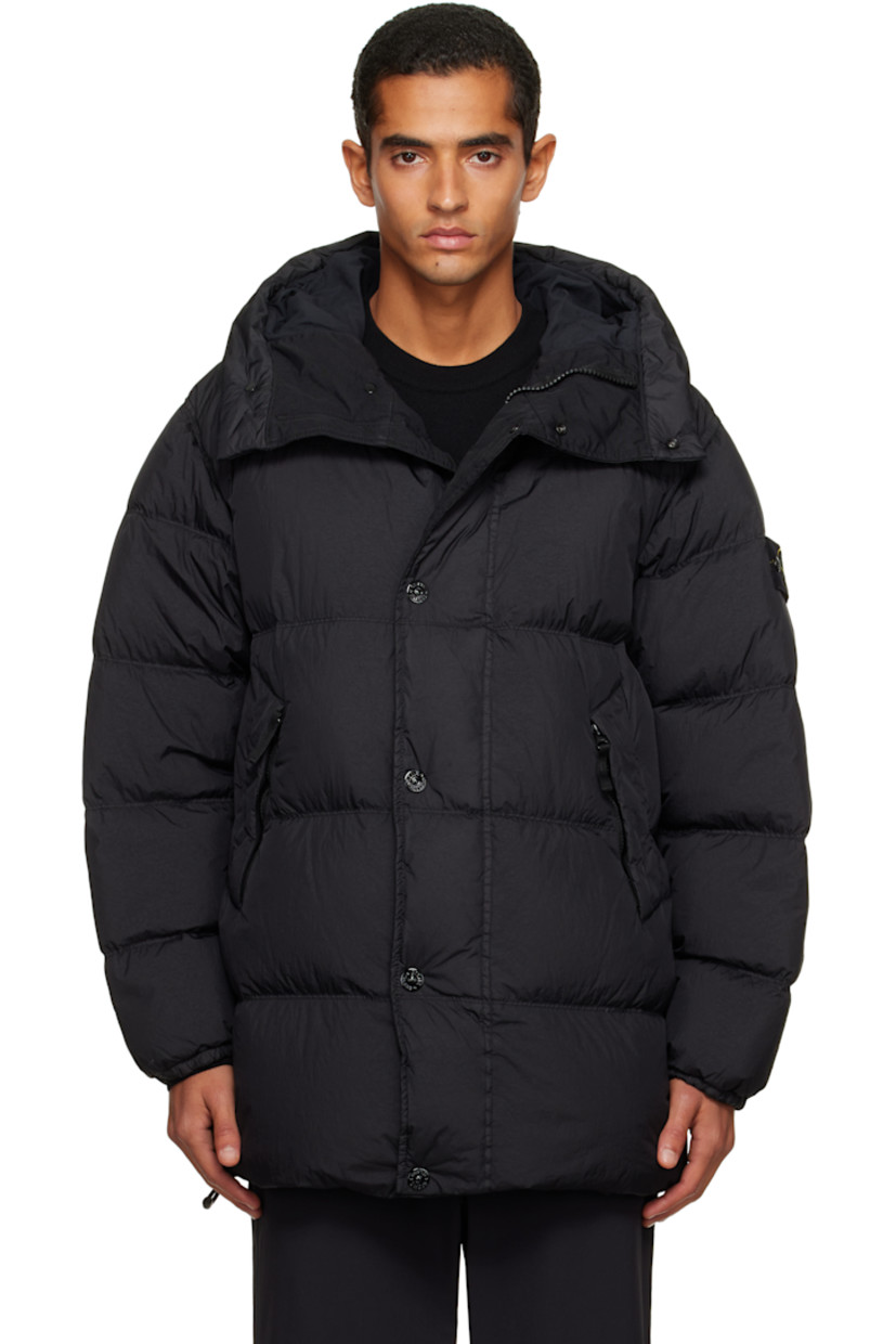 Down-filled, quilted, and crinkled recycled nylon taffeta jacket. 

· RDS-certified down
· Garment-dyed
· Wind- and water-resistant  
· Bungee-style drawstring at hood and hem
· Concealed two-way zip closure
· Press-stud placket
· Zip pockets at waist
· Detachable felted logo patch at sleeve
· Elasticized cuffs
· Patch pocket at resin-coated interior 
· Full taffeta lining 

Supplier color: Black

Fill 1: 80% duck down, 20% duck feather. Fill 2: 100% polyester.