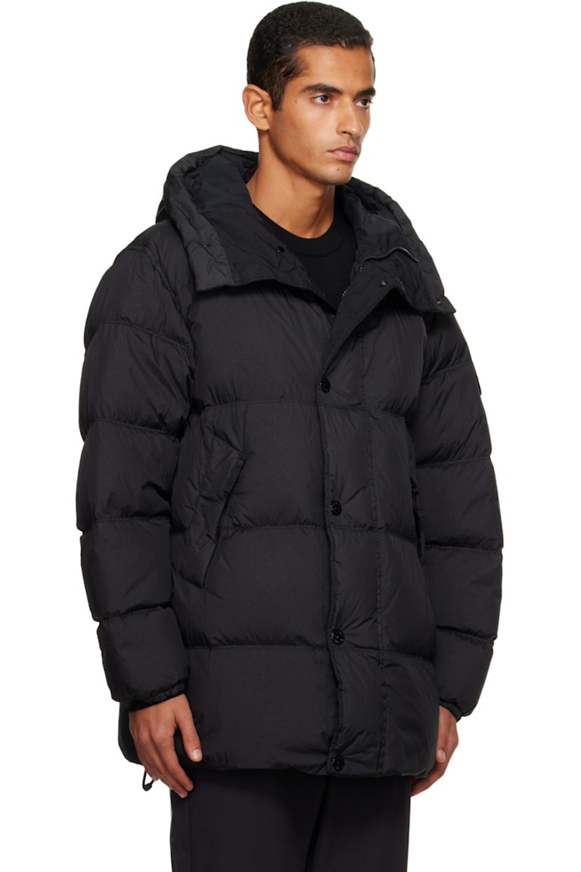 Down-filled, quilted, and crinkled recycled nylon taffeta jacket. 

· RDS-certified down
· Garment-dyed
· Wind- and water-resistant  
· Bungee-style drawstring at hood and hem
· Concealed two-way zip closure
· Press-stud placket
· Zip pockets at waist
· Detachable felted logo patch at sleeve
· Elasticized cuffs
· Patch pocket at resin-coated interior 
· Full taffeta lining 

Supplier color: Black

Fill 1: 80% duck down, 20% duck feather. Fill 2: 100% polyester.
