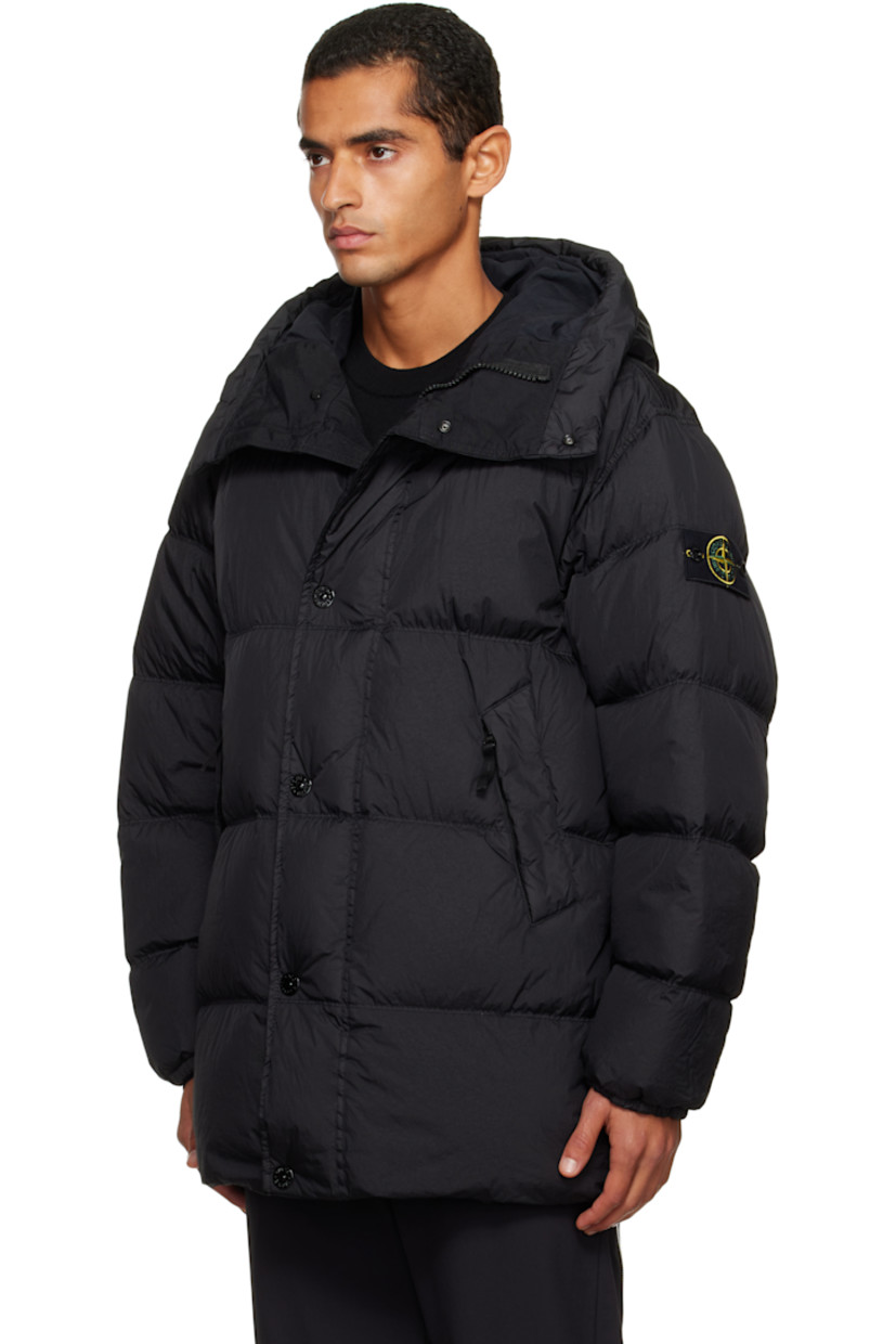 Down-filled, quilted, and crinkled recycled nylon taffeta jacket. 

· RDS-certified down
· Garment-dyed
· Wind- and water-resistant  
· Bungee-style drawstring at hood and hem
· Concealed two-way zip closure
· Press-stud placket
· Zip pockets at waist
· Detachable felted logo patch at sleeve
· Elasticized cuffs
· Patch pocket at resin-coated interior 
· Full taffeta lining 

Supplier color: Black

Fill 1: 80% duck down, 20% duck feather. Fill 2: 100% polyester.