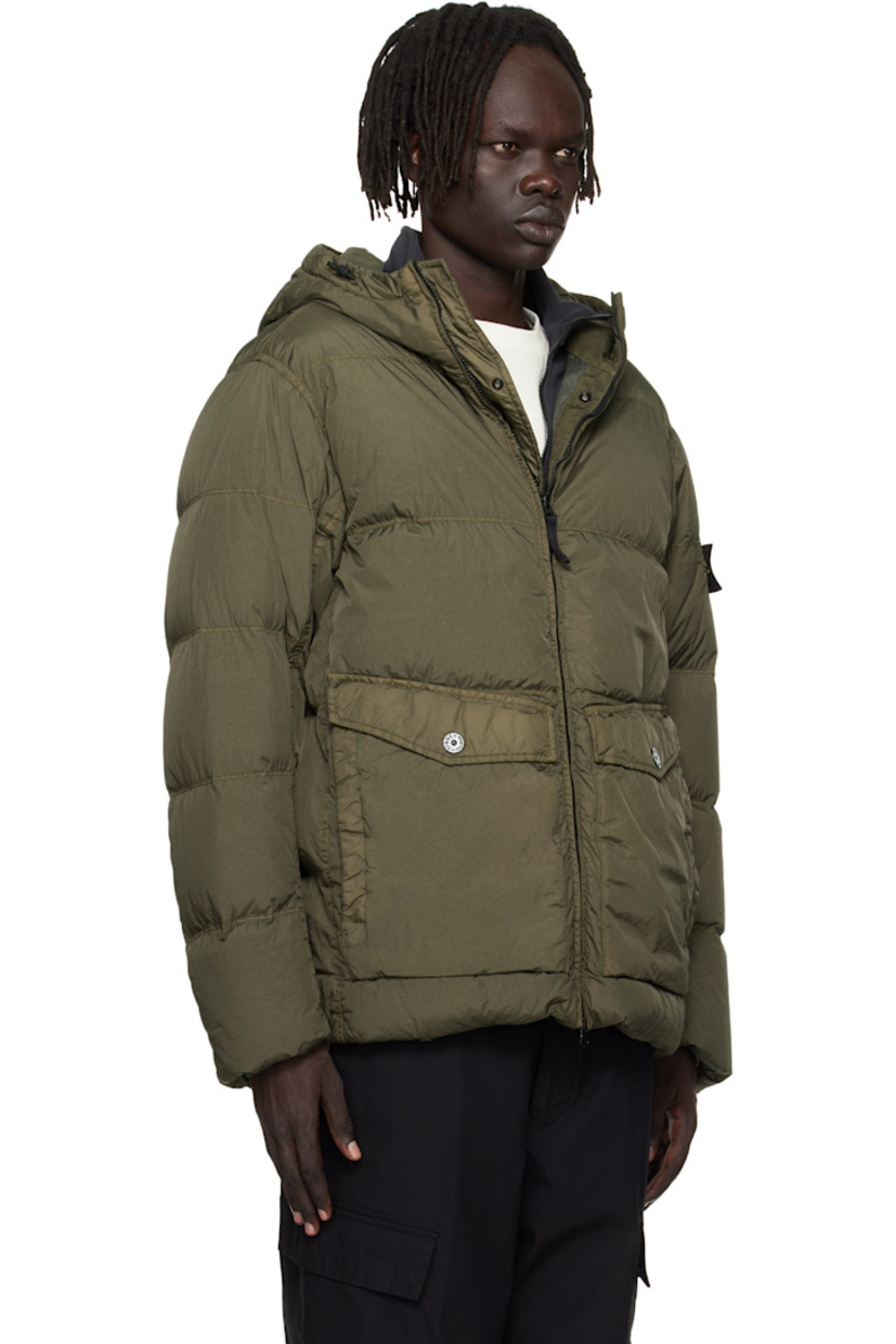 Down-filled and coated crinkled nylon taffeta jacket. 

· RDS-certified down 
· Water-resistant, wind-resistant garment-dyed 
· Bungee-style drawstring at hood and hem 
· Two-way zip and press-stud closure
· Flap and welt pockets at waist
· Detachable felted logo patch st sleeve
· Elasticized cuffs
· Patch pocket at interior 
· Full plain-woven lining 

Supplier color: Military green

Fill 1: 80% duck down, 20% duck feather. Fill 2: 100% polyester.