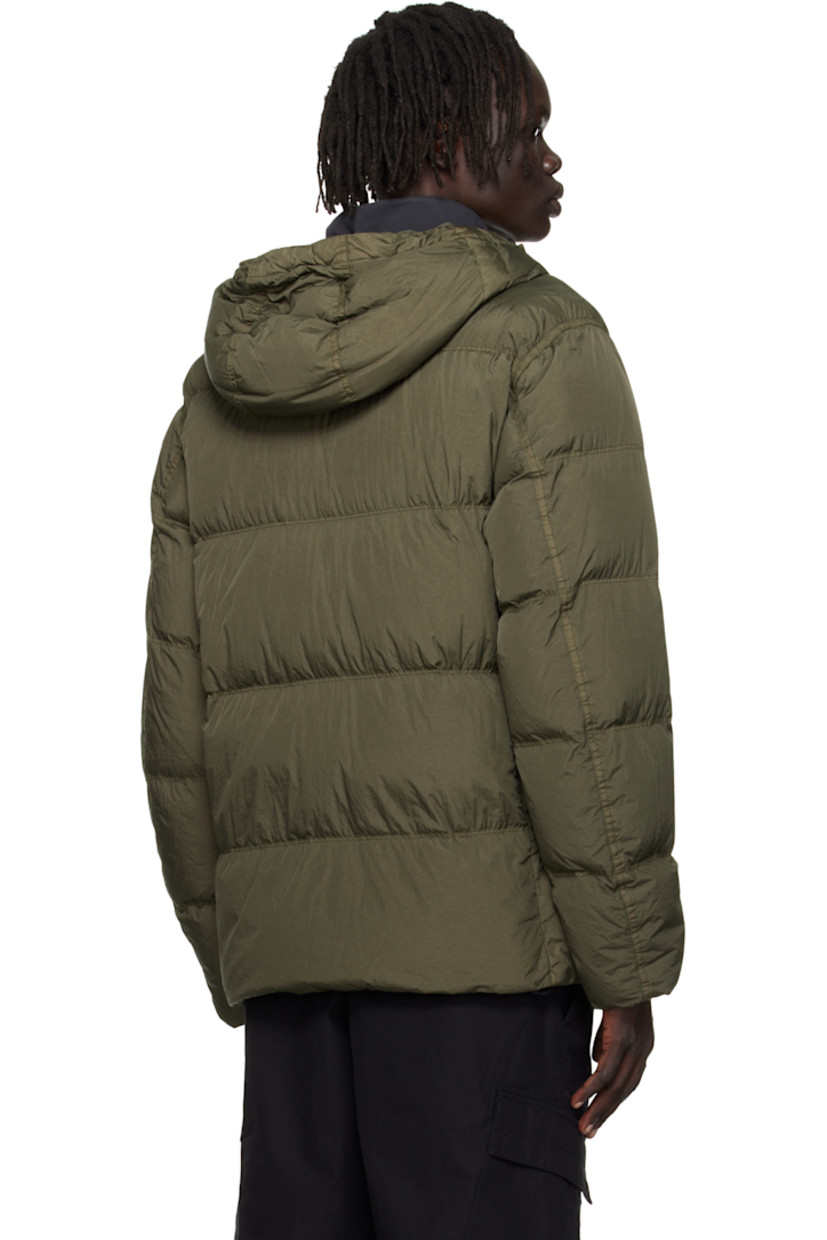 Down-filled and coated crinkled nylon taffeta jacket. 

· RDS-certified down 
· Water-resistant, wind-resistant garment-dyed 
· Bungee-style drawstring at hood and hem 
· Two-way zip and press-stud closure
· Flap and welt pockets at waist
· Detachable felted logo patch st sleeve
· Elasticized cuffs
· Patch pocket at interior 
· Full plain-woven lining 

Supplier color: Military green

Fill 1: 80% duck down, 20% duck feather. Fill 2: 100% polyester.