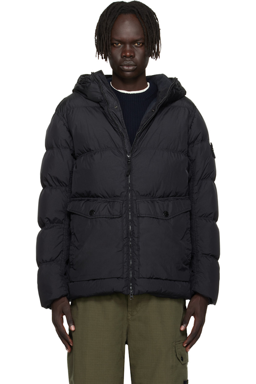 Down-filled and coated crinkled nylon taffeta jacket. 

· RDS-certified down 
· Water-resistant, wind-resistant garment-dyed 
· Bungee-style drawstring at hood and hem 
· Two-way zip and press-stud closure
· Flap and welt pockets at waist
· Detachable felted logo patch at sleeve
· Elasticized cuffs
· Patch pocket at interior 
· Full plain-woven lining 

Supplier color: Black 

Fill 1: 80% duck down, 20% duck feather. Fill 2: 100% polyester.